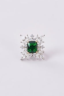 White Finish Zircon & Green Synthetic Stone Ring