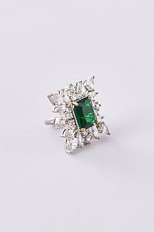 White Finish Zircon & Green Synthetic Stone Ring