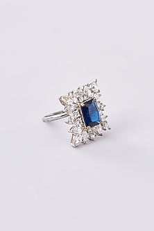 White Finish Zircon & Blue Synthetic Stone Ring