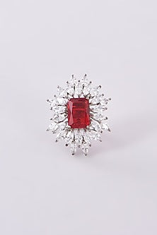 White Finish Zircon & Red Synthetic Stone Ring