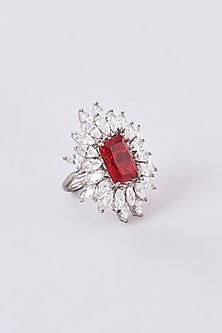 White Finish Zircon & Red Synthetic Stone Ring