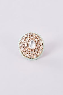 Gold Finish Kundan Polki & Aqua Beaded Ring