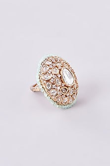 Gold Finish Kundan Polki & Aqua Beaded Ring