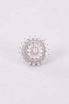 White Finish Zircon & Pink Stone Ring