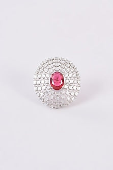 White Finish Zircon & Red Synthetic Stone Ring