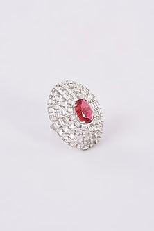 White Finish Zircon & Red Synthetic Stone Ring