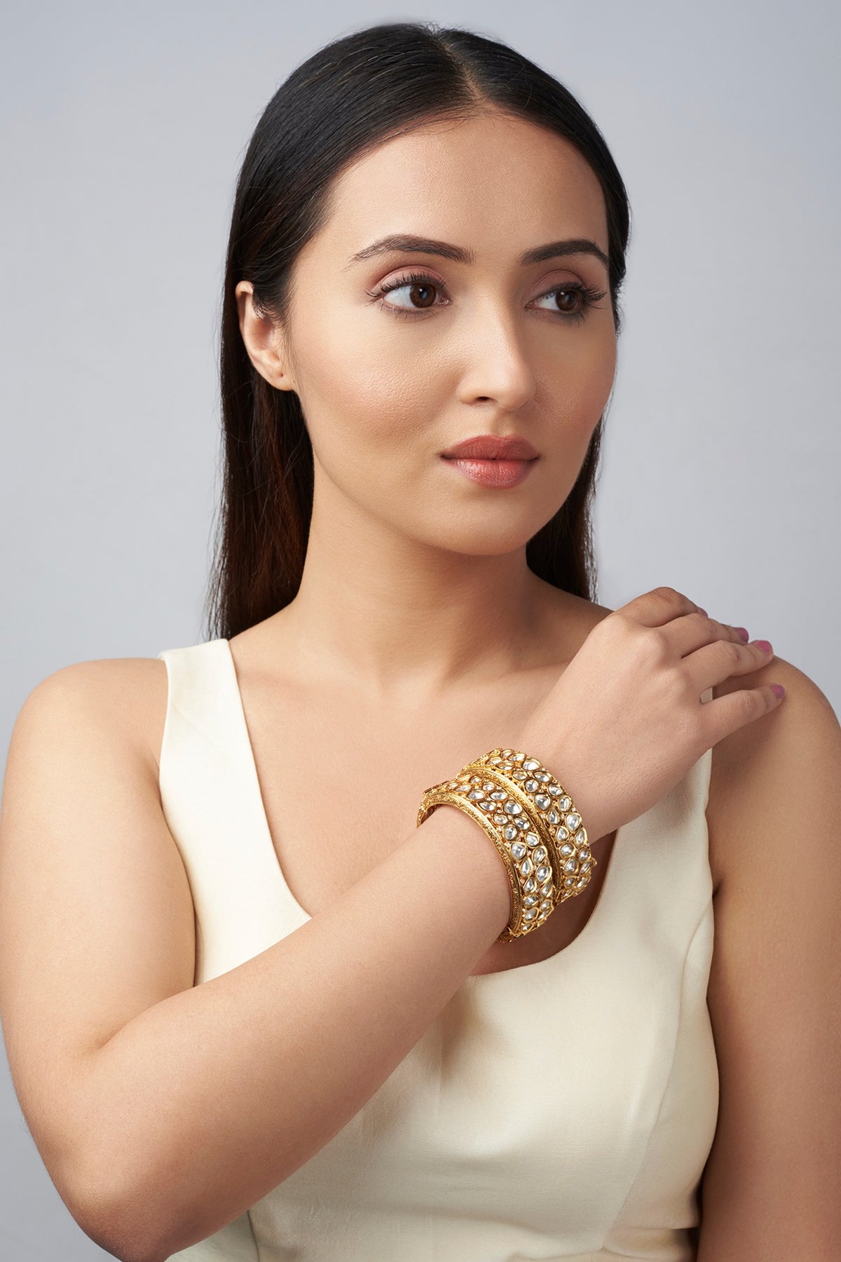 Gold Finish Kundan Polki Bangle (Set Of 2)