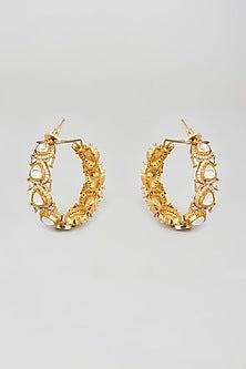 Gold Finish White Kundan Polki Hoop Earrings