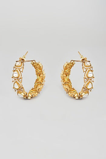 Gold Finish White Kundan Polki Hoop Earrings
