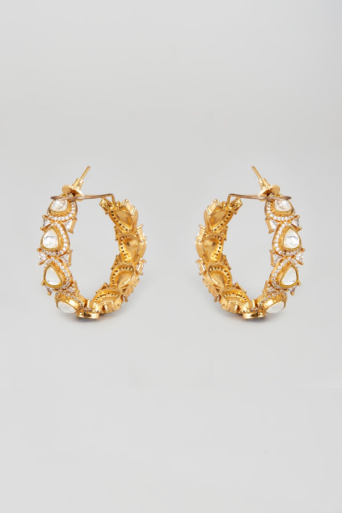 Gold Finish White Kundan Polki Hoop Earrings
