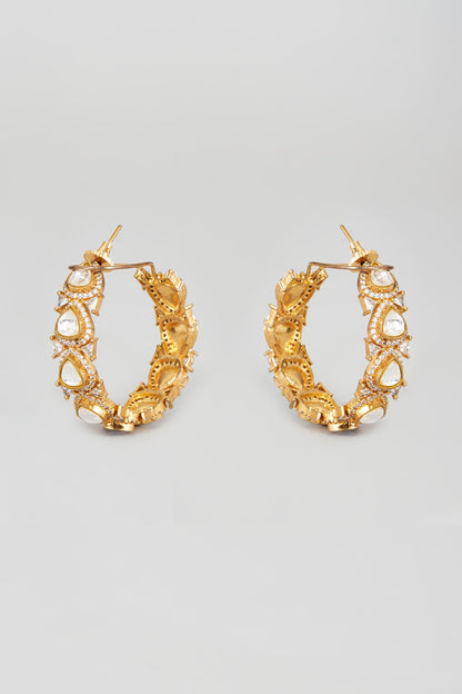 Gold Finish White Kundan Polki Hoop Earrings