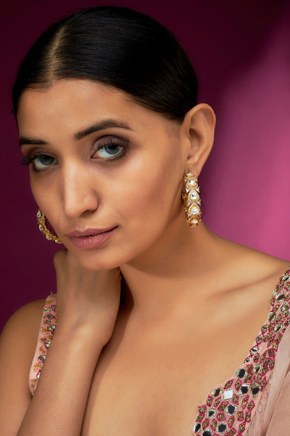 Gold Finish White Kundan Polki Hoop Earrings