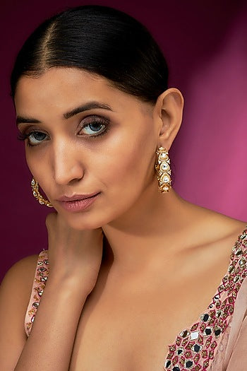 Gold Finish White Kundan Polki Hoop Earrings