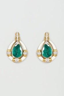 White Finish Emerald & Enameled Dangler Earrings