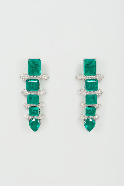 White Finish Emerald & Zircon Dangler Earrings