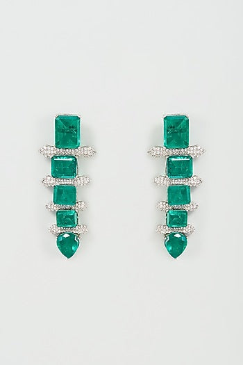 White Finish Emerald & Zircon Dangler Earrings