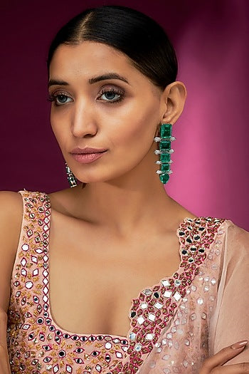 White Finish Emerald & Zircon Dangler Earrings