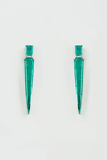 White Finish Emerald Synthetic Stone Stud Earrings