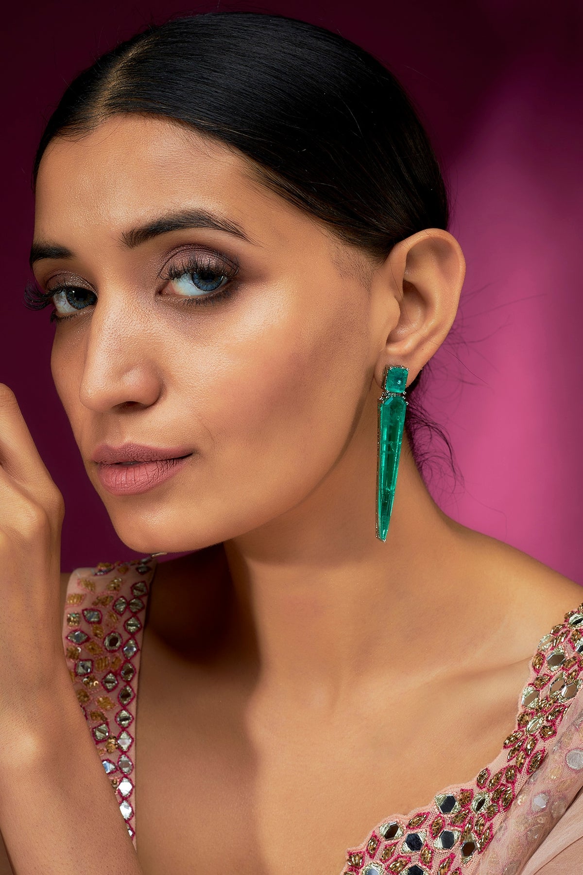 White Finish Emerald Synthetic Stone Stud Earrings