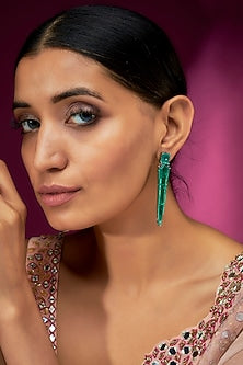 White Finish Emerald Synthetic Stone Stud Earrings