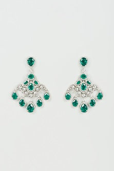 White Finish Emerald Synthetic Stone & Zircon Dangler Earrings
