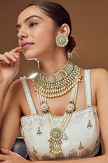 Gold Finish Pachi Kundan & Turquoise Stone Choker & Long Necklace Set