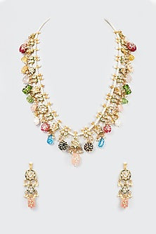 Gold Finish Multi-Colored Stone Long Necklace Set