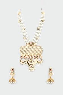 Gold Finish Kundan & Pearl Long Necklace Set