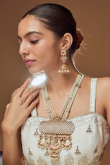 Gold Finish Kundan & Pearl Long Necklace Set