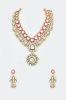 Gold Finish Pink Synthetic Stone Long Necklace Set