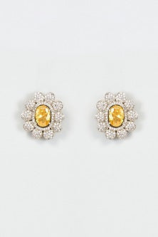 White Finish Zircon & Yellow Stone Stud Earrings