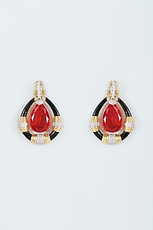Gold Finish Zircon & Red Stone Enameled Dangler Earrings
