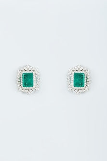 White Finish Zircon & Green Stone Stud Earrings