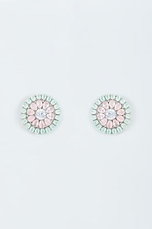 White Finish Zircon & Pastel Stone Stud Earrings