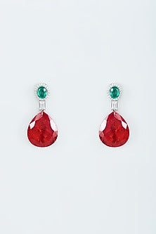 White Finish Zircon & Red Stone Stud Earrings