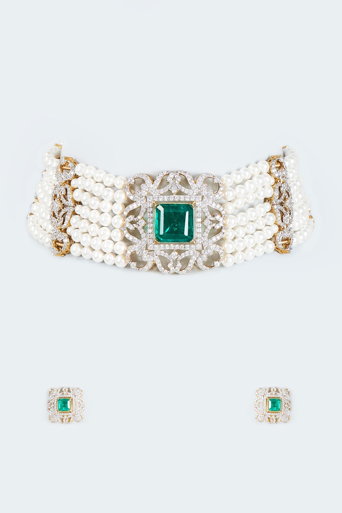 Two Tone Finish Pearl & Emerald Choker Necklace Set