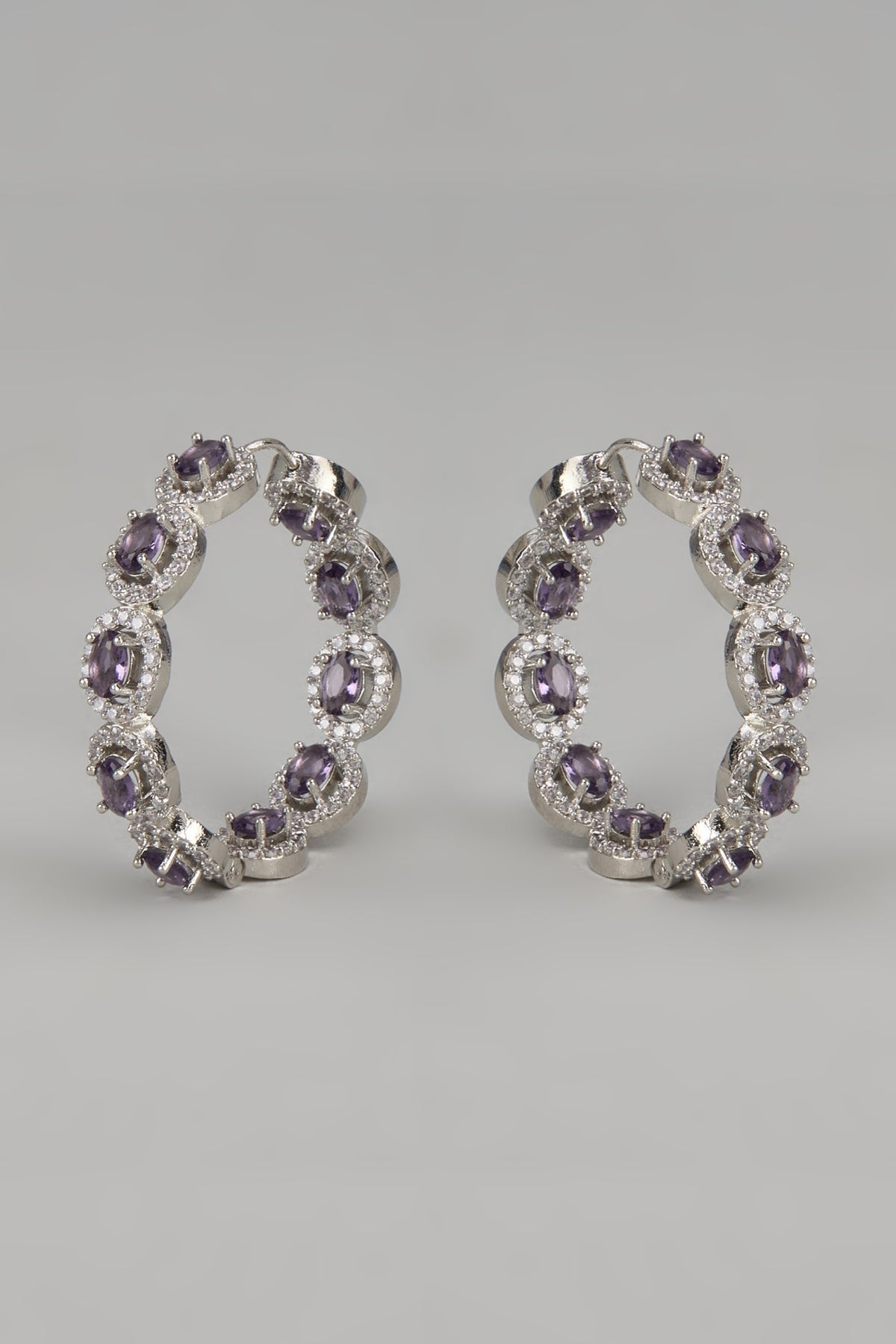 White Finish Zircon & Purple Stone Hoop Earrings