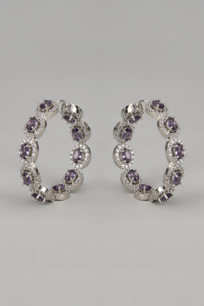 White Finish Zircon & Purple Stone Hoop Earrings