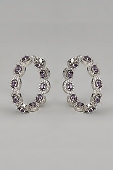White Finish Zircon & Purple Stone Hoop Earrings