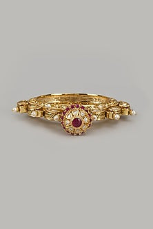Gold Finish Red Stone & Pearl Temple Bangle