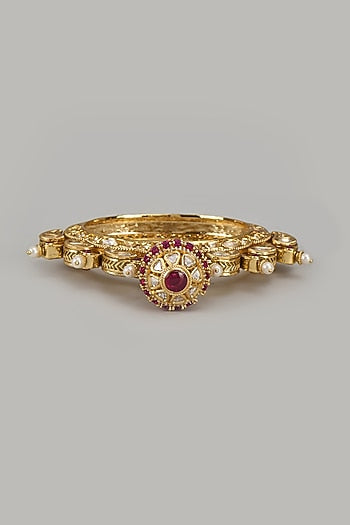 Gold Finish Red Stone & Pearl Temple Bangle