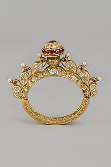 Gold Finish Red Stone & Pearl Temple Bangle