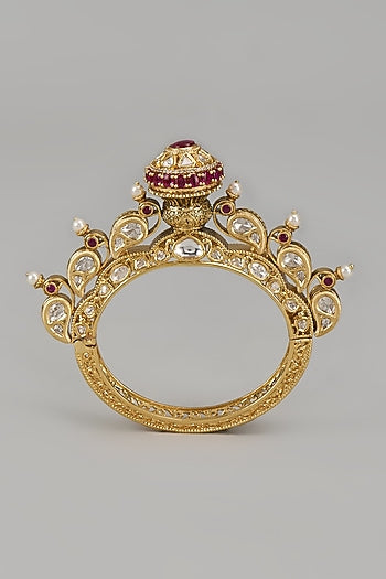 Gold Finish Red Stone & Pearl Temple Bangle