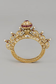 Gold Finish Red Stone & Pearl Temple Bangle