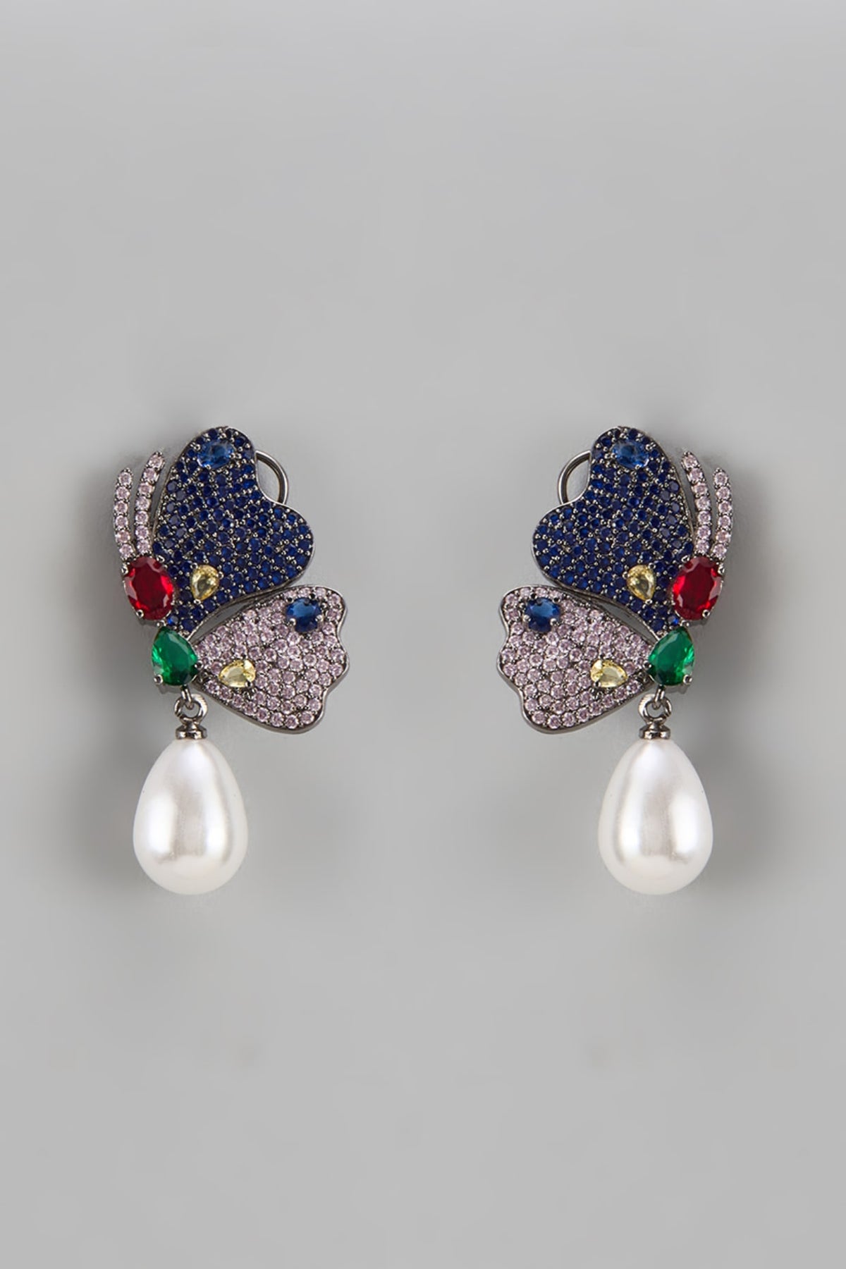 Black Rhodium Finish Zircon & Pearl Drop Dangler Earrings