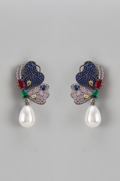 Black Rhodium Finish Zircon & Pearl Drop Dangler Earrings
