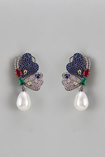 Black Rhodium Finish Zircon & Pearl Drop Dangler Earrings