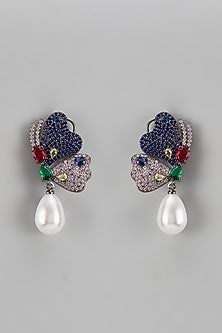 Black Rhodium Finish Zircon & Pearl Drop Dangler Earrings