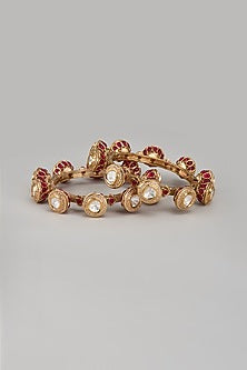 Gold Finish Kundan Polki Temple Bangle (Set of 2)