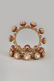 Gold Finish Kundan Polki Temple Bangle (Set of 2)